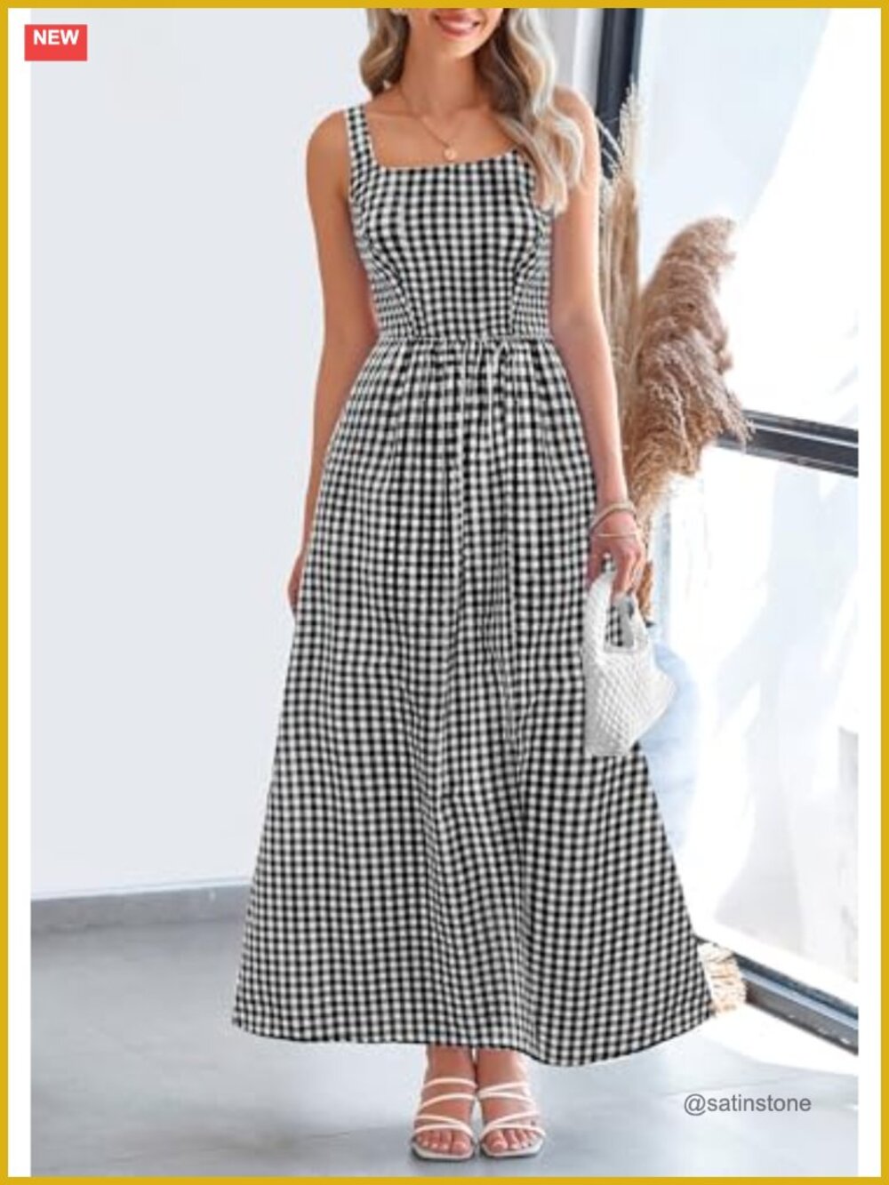 Spaghetti Strap Maxi Dress Plaid Square Neck A Line Beach Vacation Casual - Picture 2 of 6